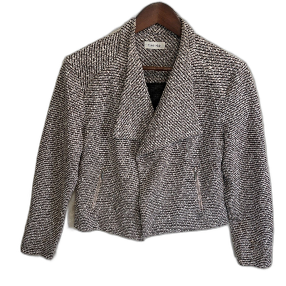 Calvin Klein Knit Tweed Drape Collar Open Front Jacket Black Cream Pockets M